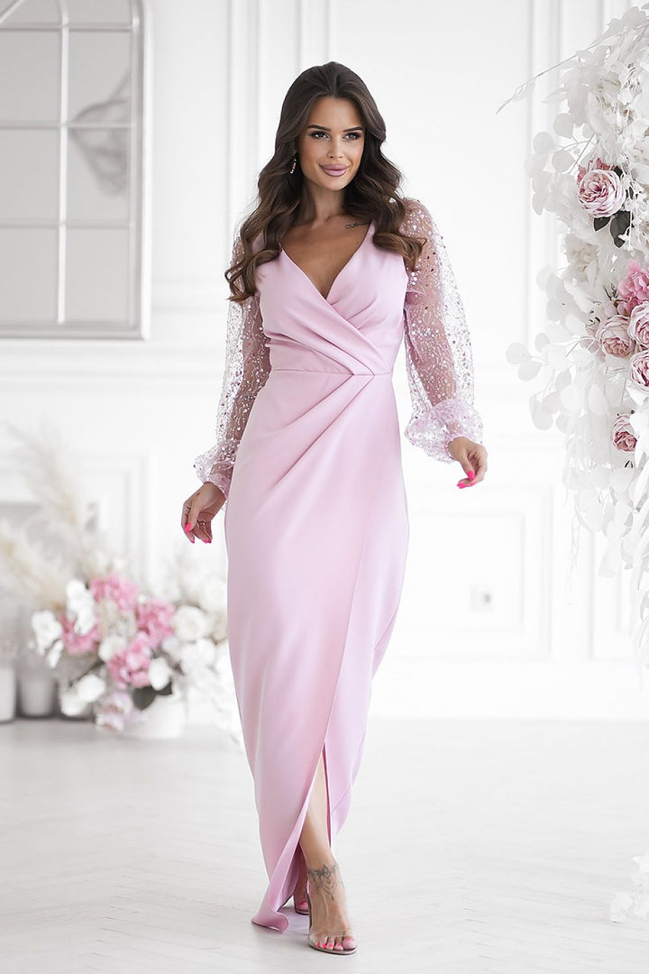 Bicotone Evening Dress Sequin Sleeves Light Pink