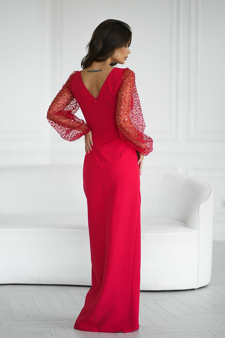 Bicotone Evening Dress Sequin Sleeves Red