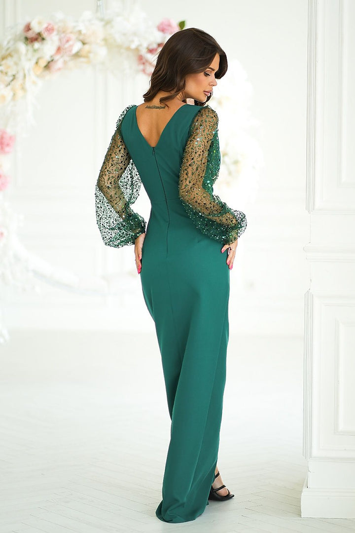 Bicotone Evening Dress Sequin Sleeves Emerald Green