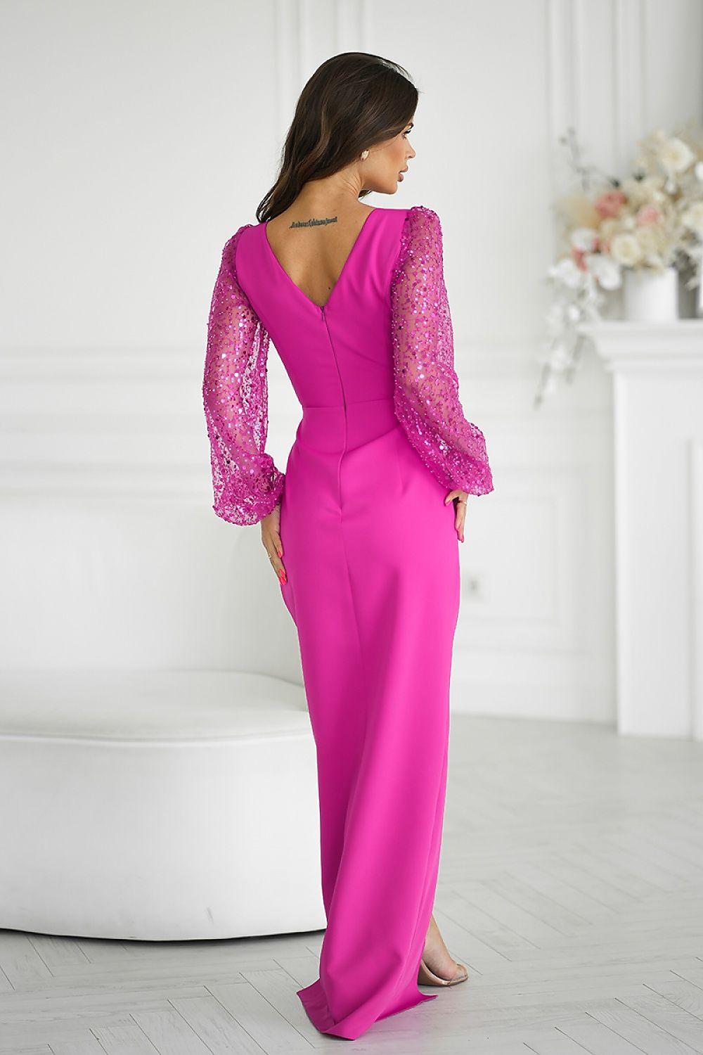 Bicotone Evening Dress Sequin Sleeves Violet