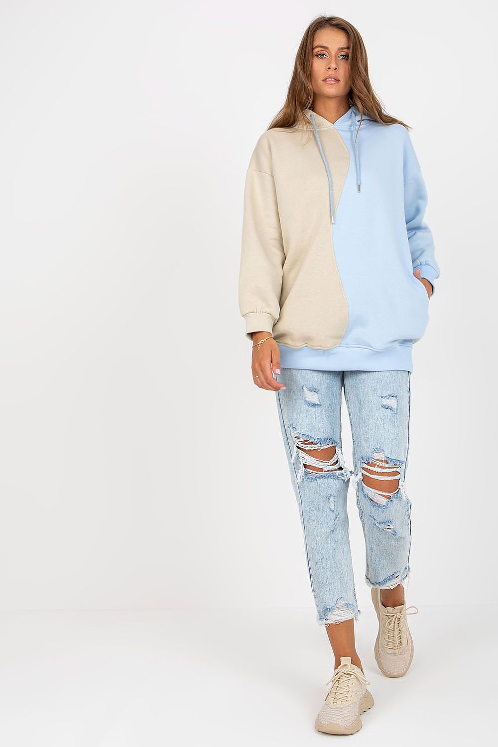 Rue Paris Two-Tone Hoodie Beige/Blue