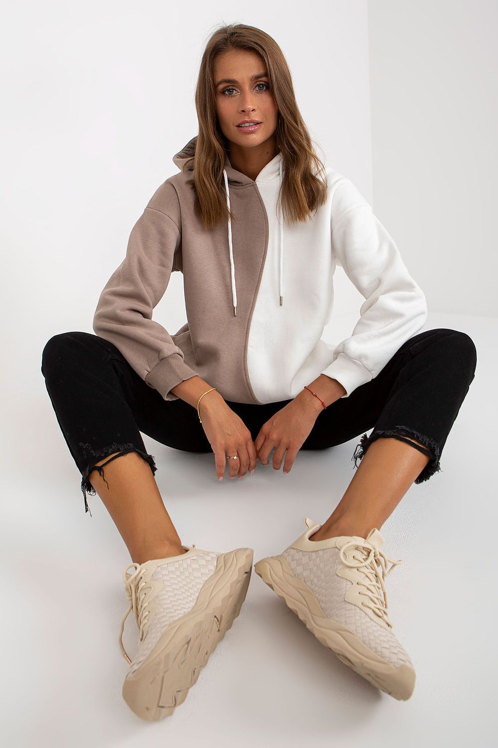 Rue Paris Two-Tone Hoodie Beige/White