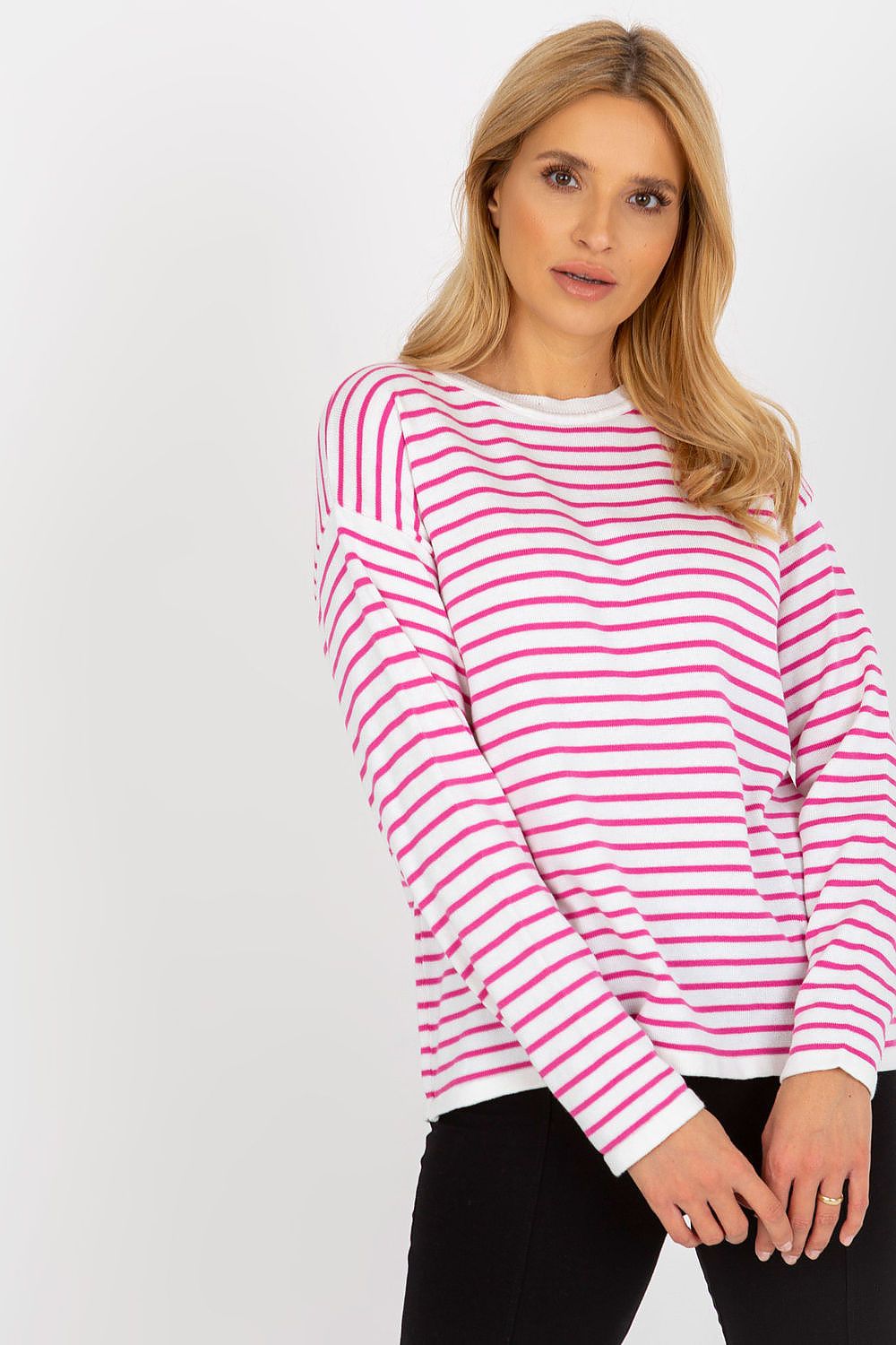 Rue Paris Wool Blend Striped Sweatshirt White & Violet