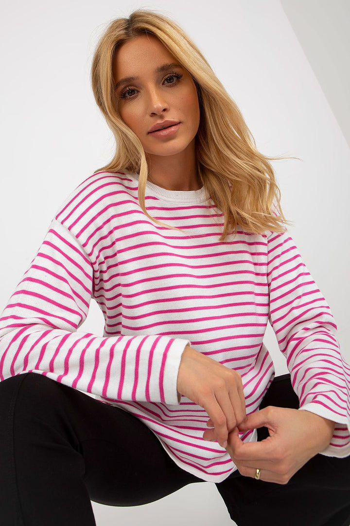 Rue Paris Wool Blend Striped Sweatshirt White & Violet