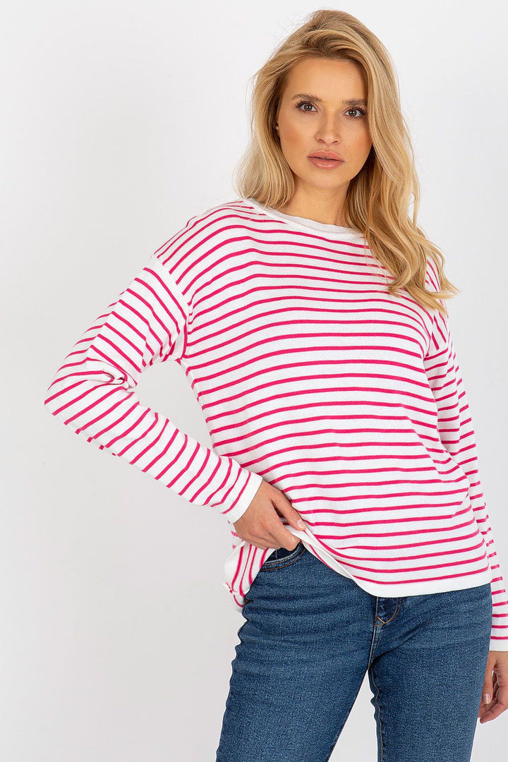 Rue Paris Wool Blend Striped Sweatshirt White & Pink