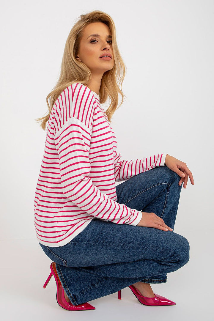 Rue Paris Wool Blend Striped Sweatshirt White & Pink