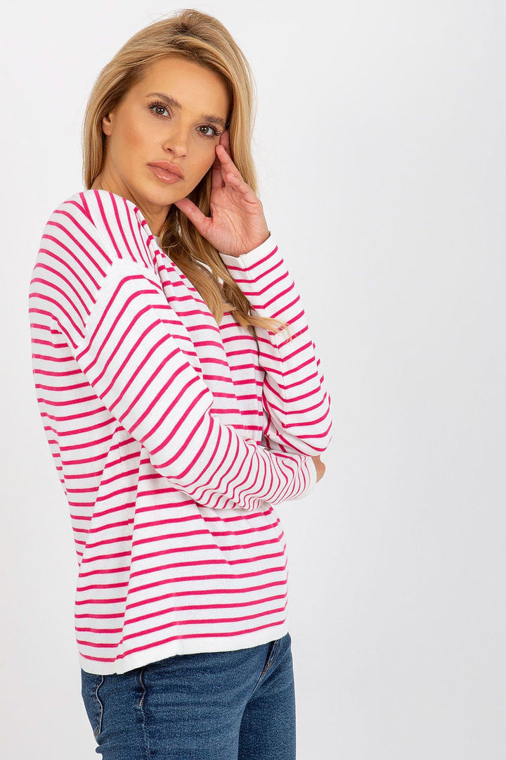 Rue Paris Wool Blend Striped Sweatshirt White & Pink