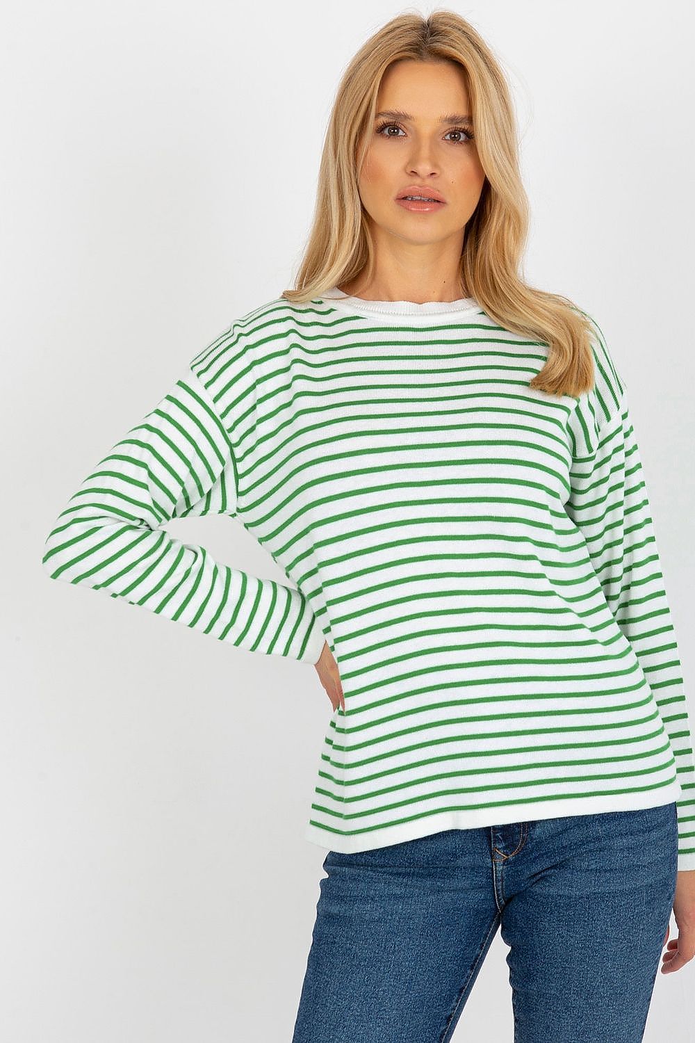 Rue Paris Wool Blend Striped Sweatshirt White & Green