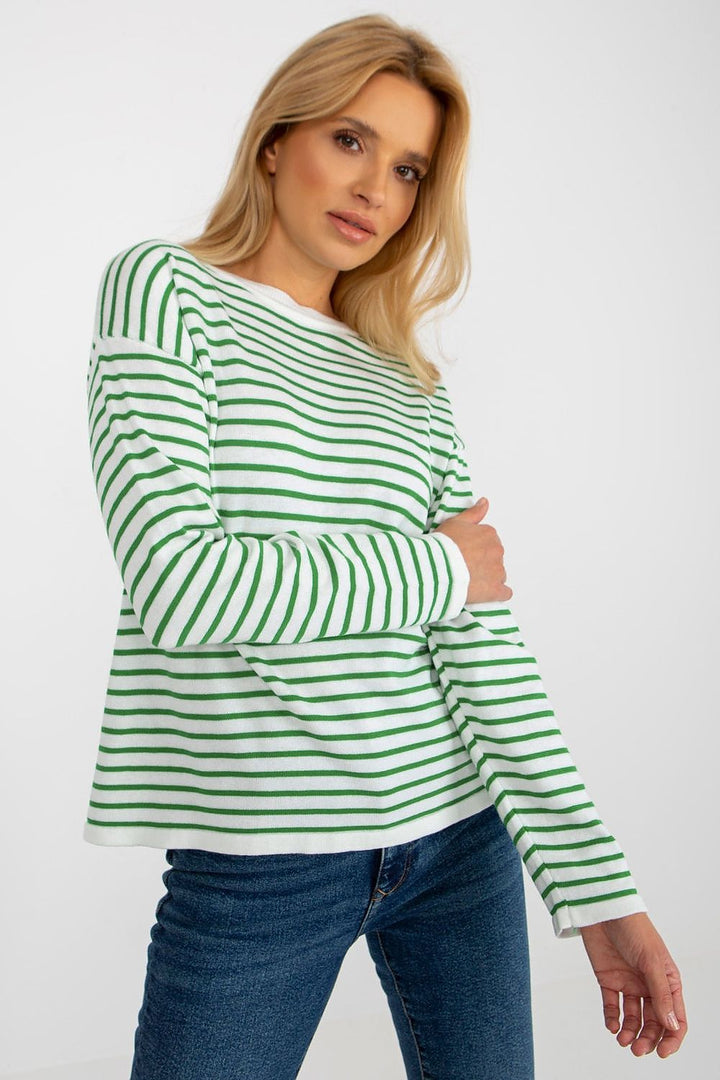 Rue Paris Wool Blend Striped Sweatshirt White & Green