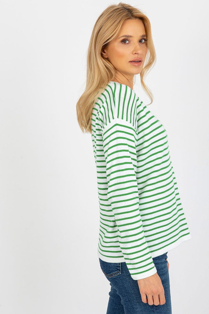 Rue Paris Wool Blend Striped Sweatshirt White & Green