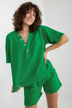 Short Sleeve V-Neck Top and Shorts Set Green