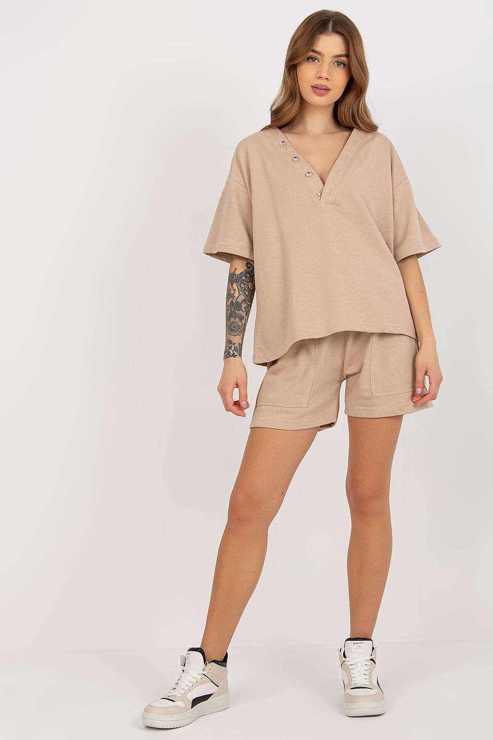 Short Sleeve V-Neck Top and Shorts Set Beige