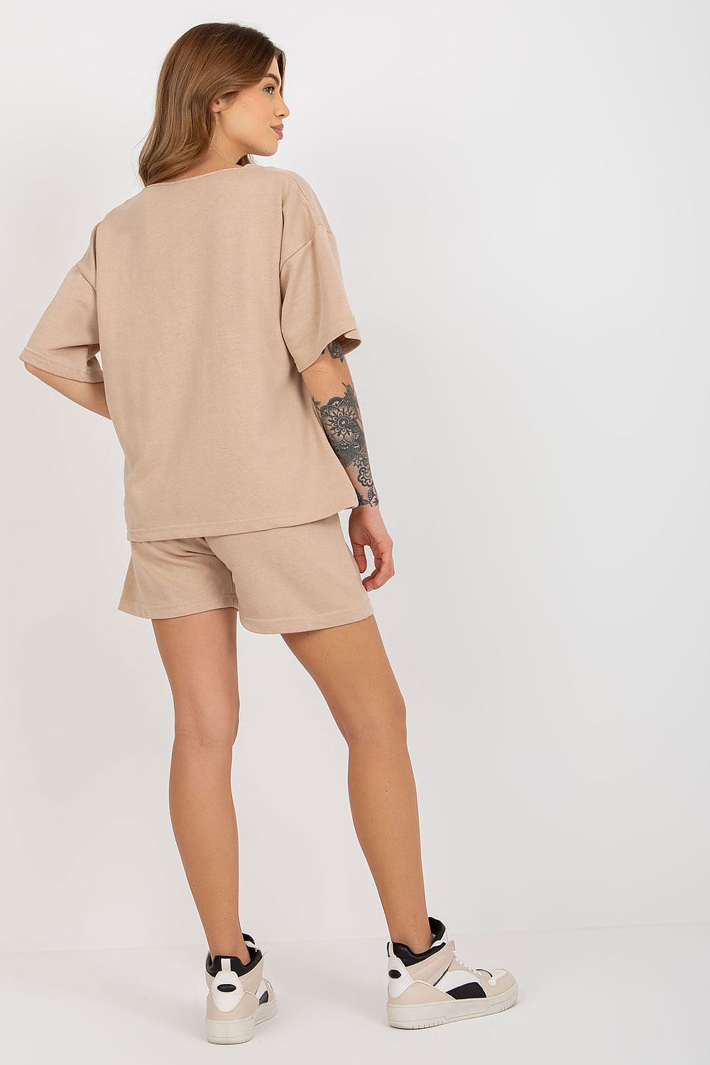 Short Sleeve V-Neck Top and Shorts Set Beige