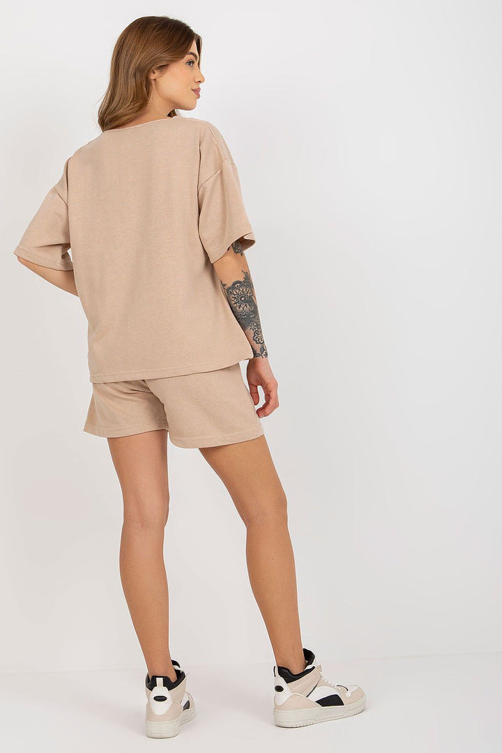 Short Sleeve V-Neck Top and Shorts Set Beige