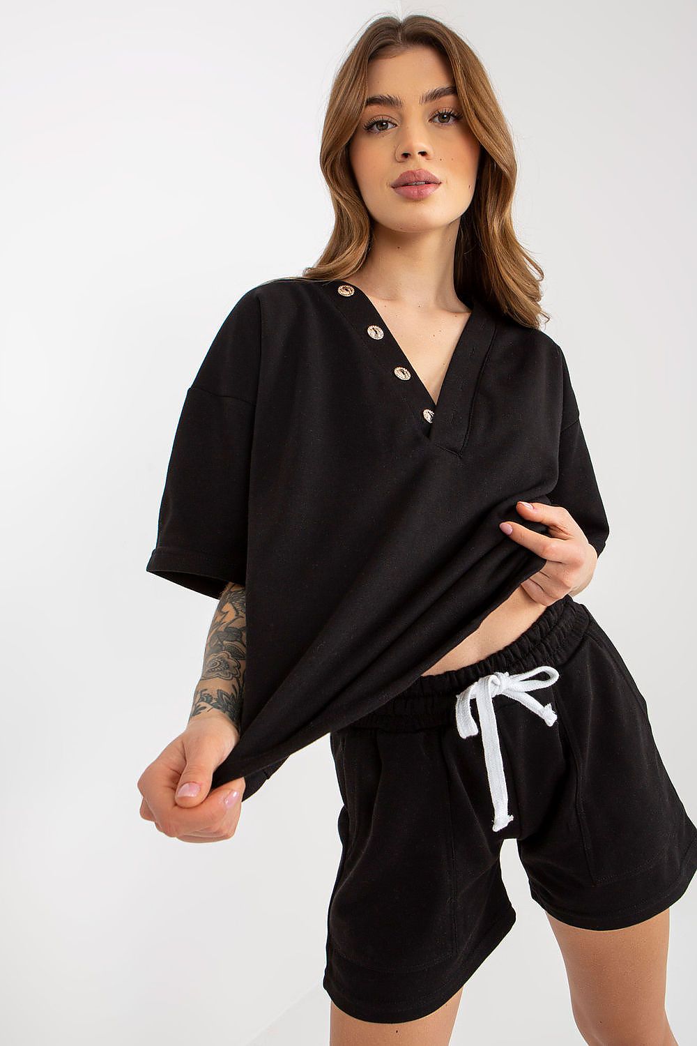 Short Sleeve V-Neck Top and Shorts Set Black