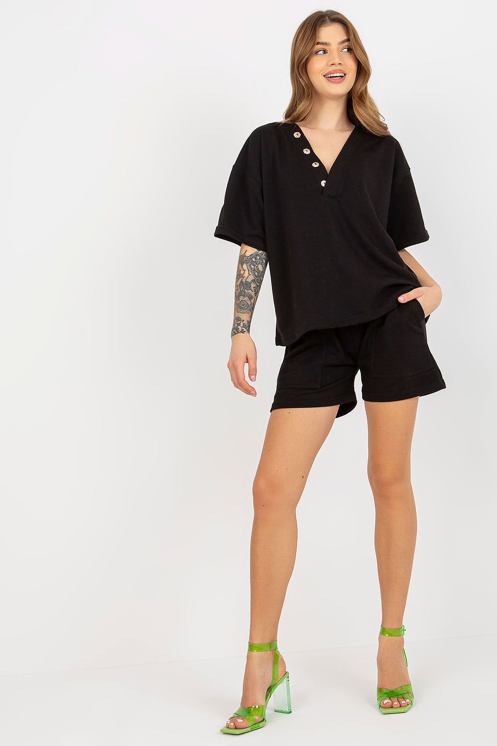 Short Sleeve V-Neck Top and Shorts Set Black