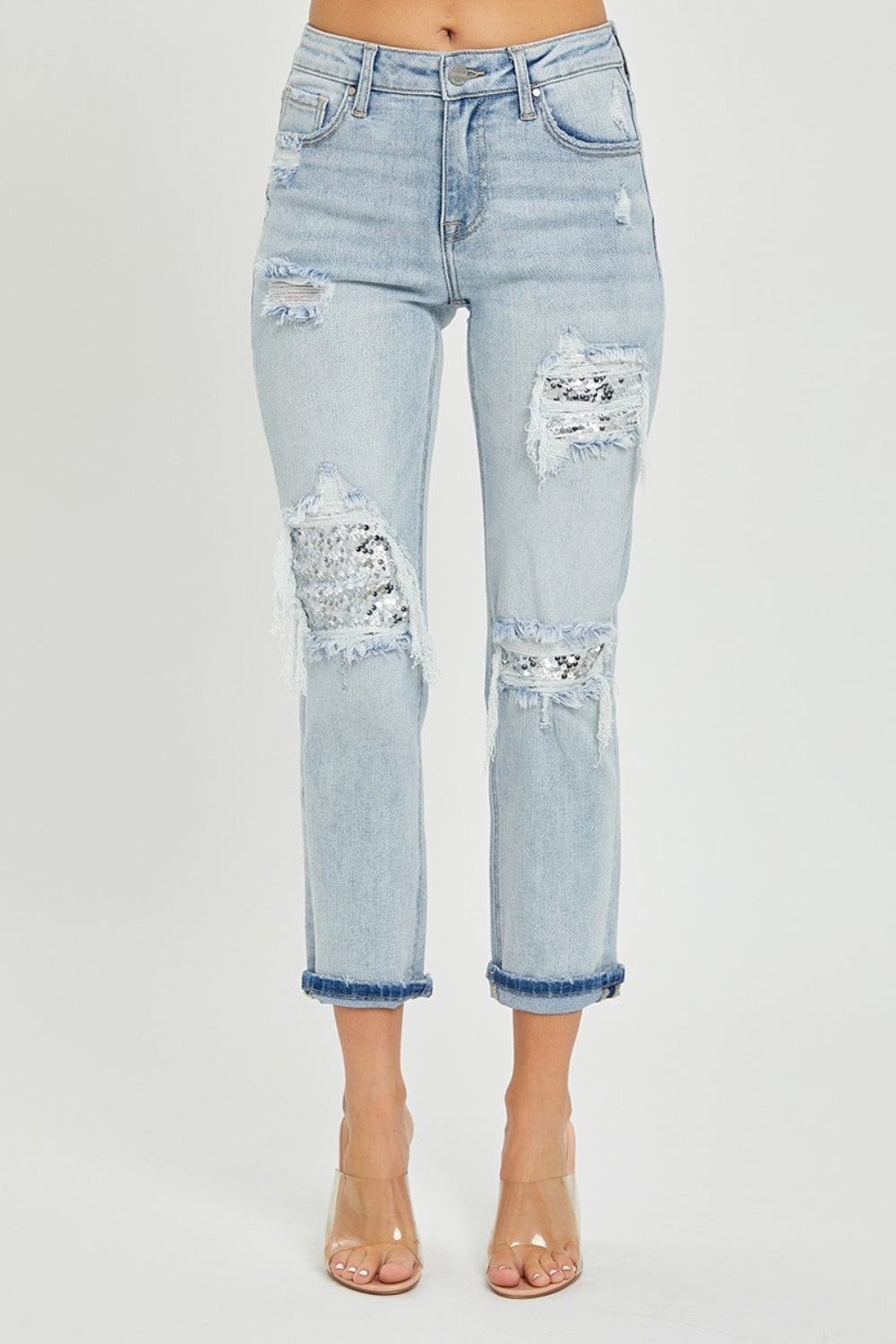Mid-Rise Sequin Patched Jeans