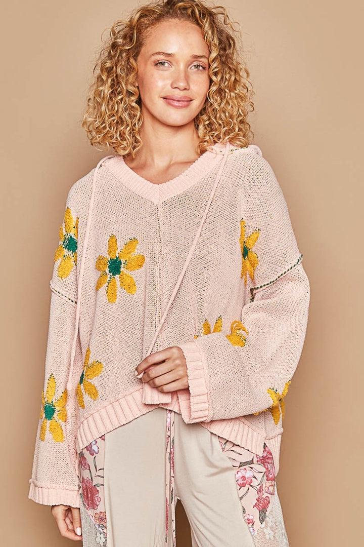 Floral Pattern Hooded High-Low Sweater Pink