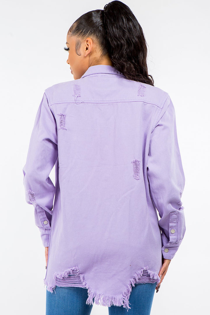 Lavender Frayed Hem Distressed Denim Jacket