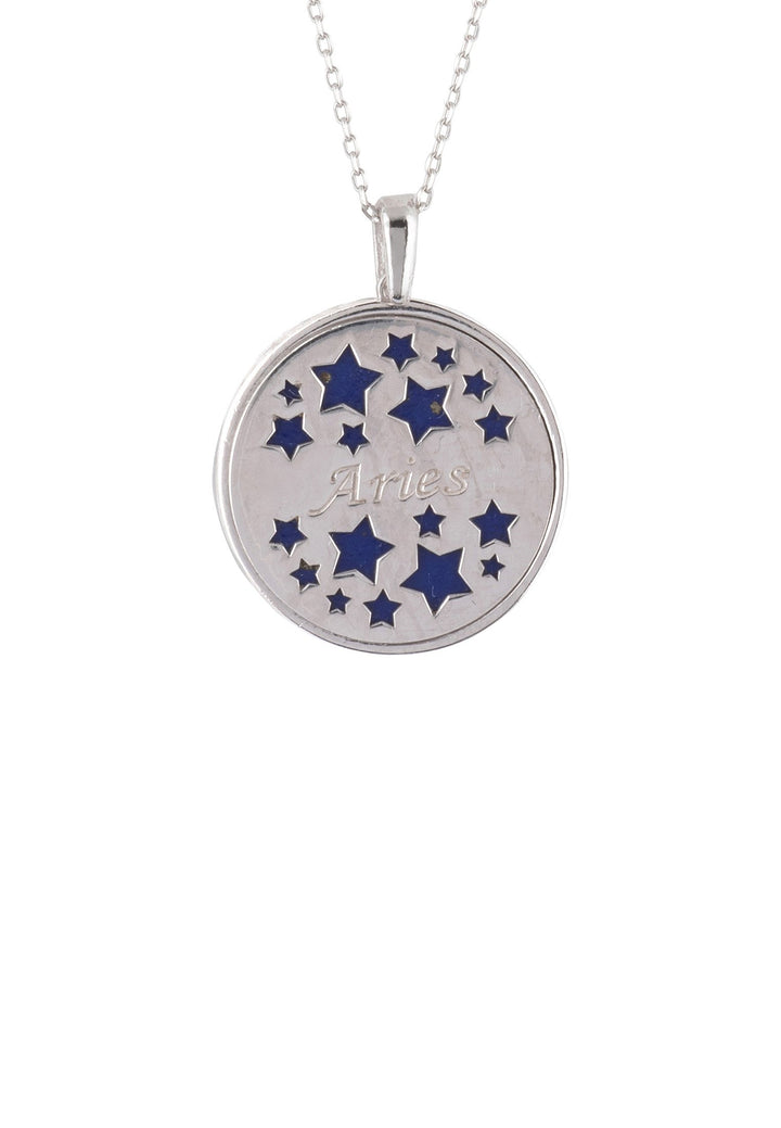 Zodiac Lapis Lazuli Gemstone Star Constellation Pendant Necklace Silver Aries