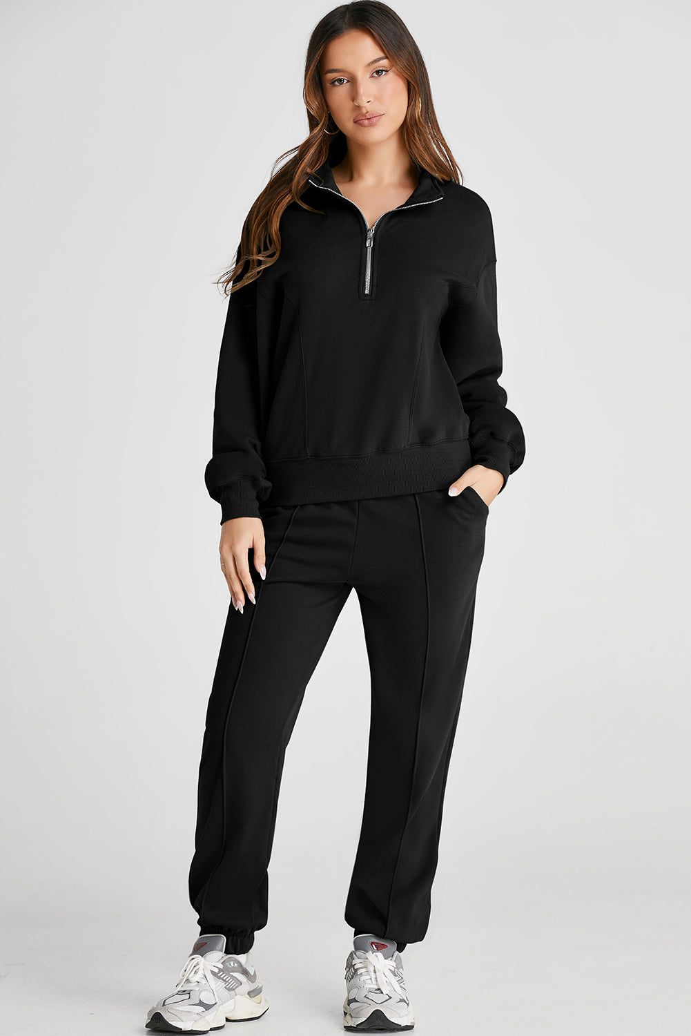 Half Zip Long Sleeve Top and Joggers Active Set Black