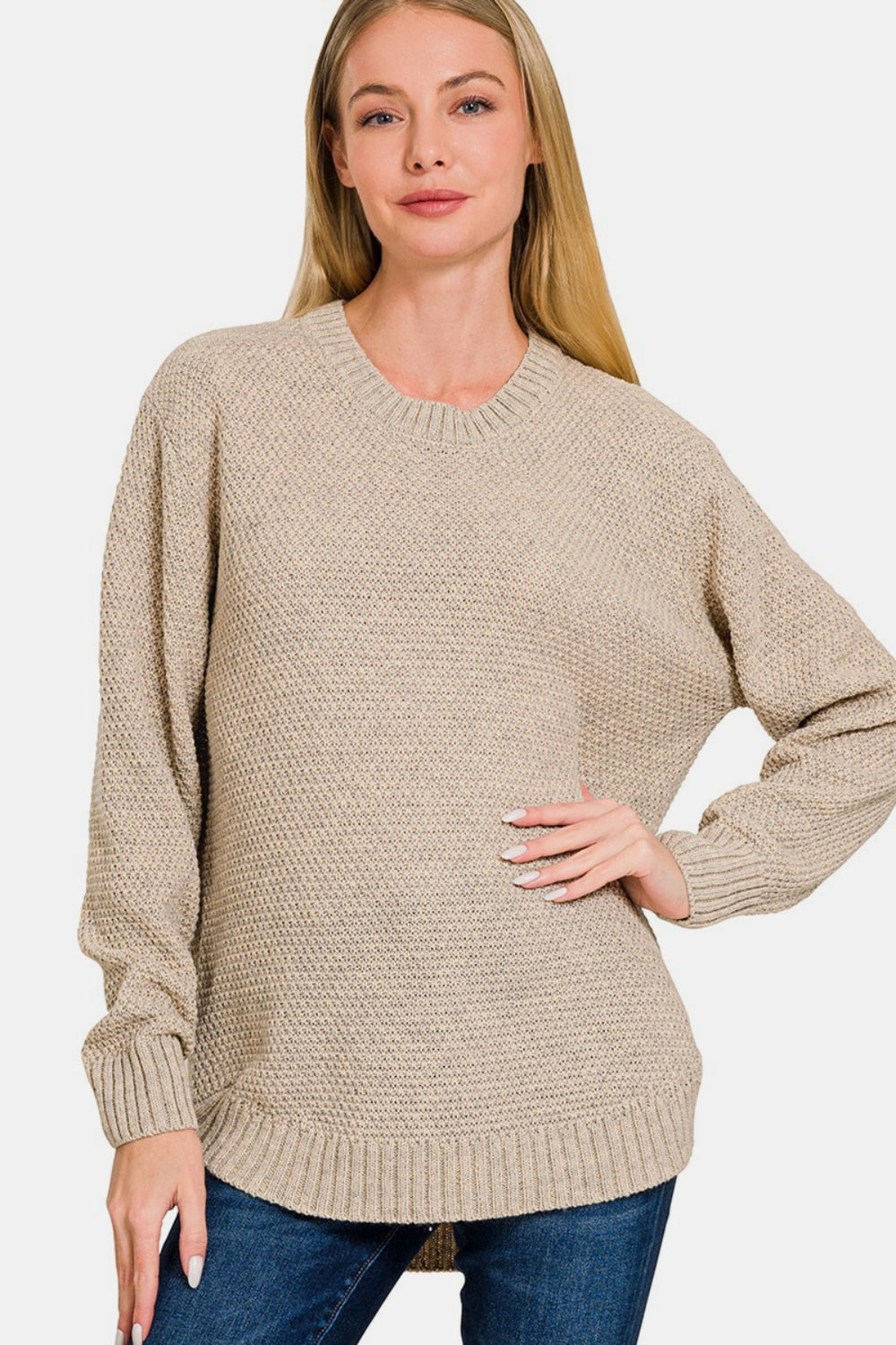 Beige Round Neck Long Sleeve Curved Hem Sweater