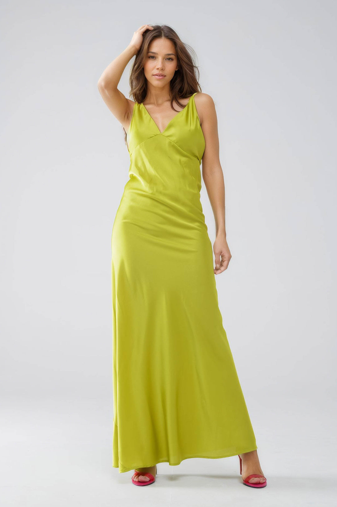 Satin Maxi Dress with Spaghetti Straps in Lime Green