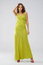 Satin Maxi Dress with Spaghetti Straps in Lime Green