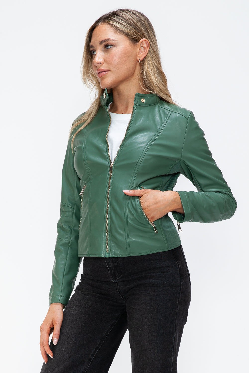 Sage Faux Leather Zip Up Drawstring Hooded Jacket