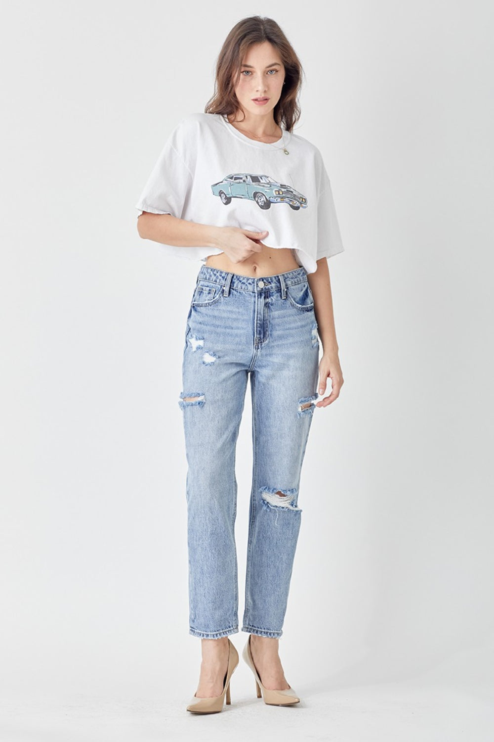 Light Blue Distressed Slim Cropped Jeans