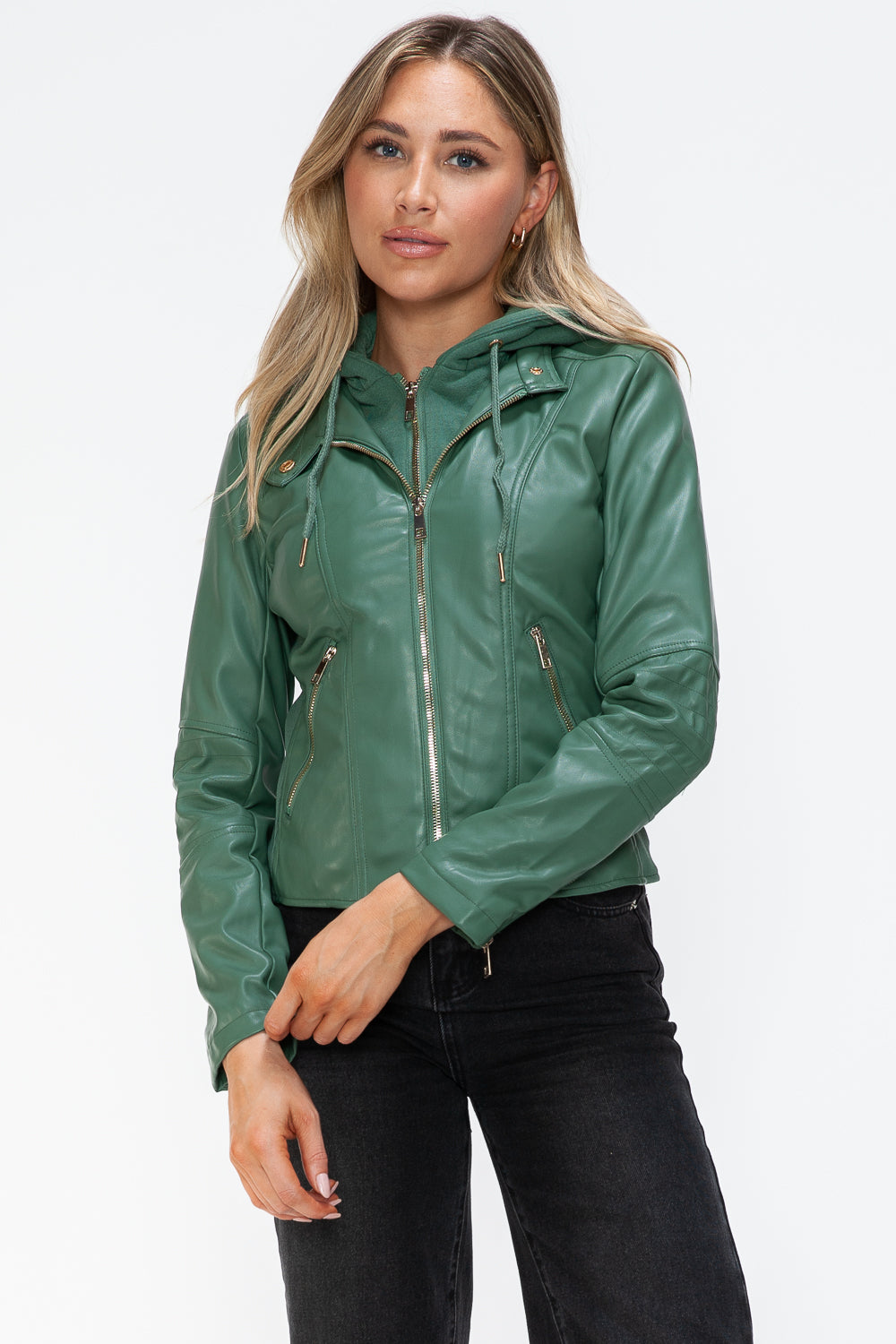 Sage Faux Leather Zip Up Drawstring Hooded Jacket