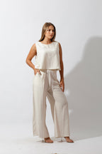 Sleeveless Tank Top & Wide Leg Pants Lounge Set Off White