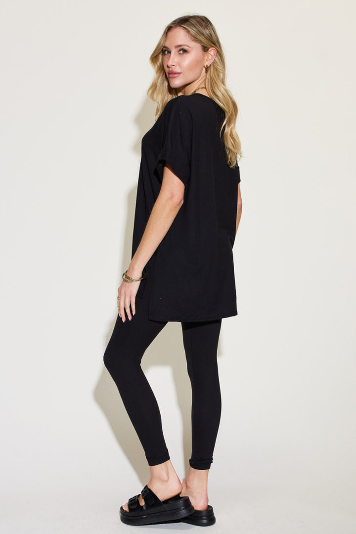 Black Short Sleeve Slit T-Shirt and Leggings Lounge Set