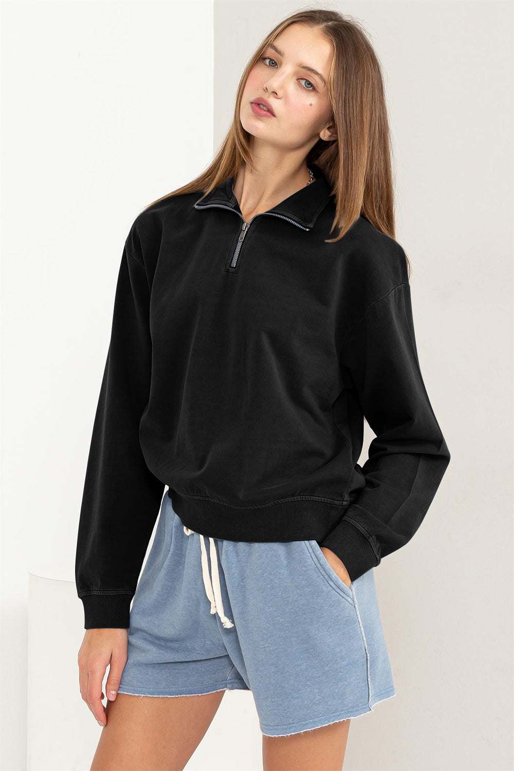 Black Half Zip Drop Shoulder Sweatshirt