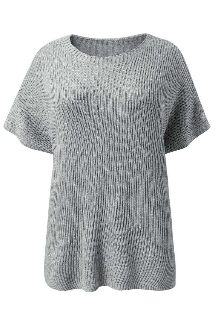 Slit Round Neck Short Sleeve Knit Top Gray