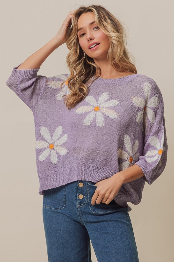 Ivory in Lavender Floral Pattern Slit Sweater