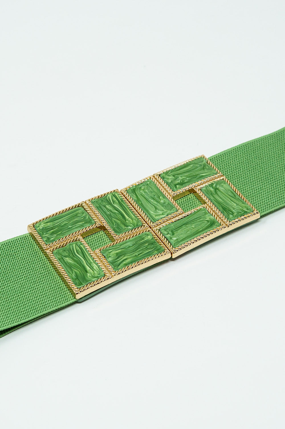 Green Elastic Belt with Squared Marbled Buckles and Gold Details