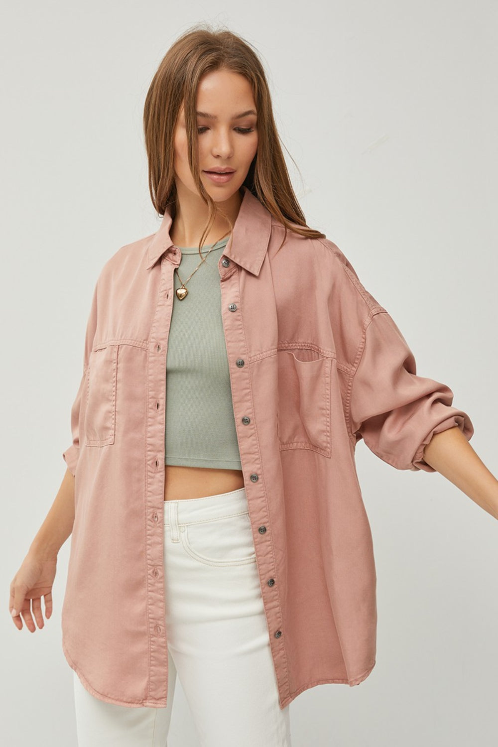 Mauve Full Size Button Up Long Sleeve Denim Shirt