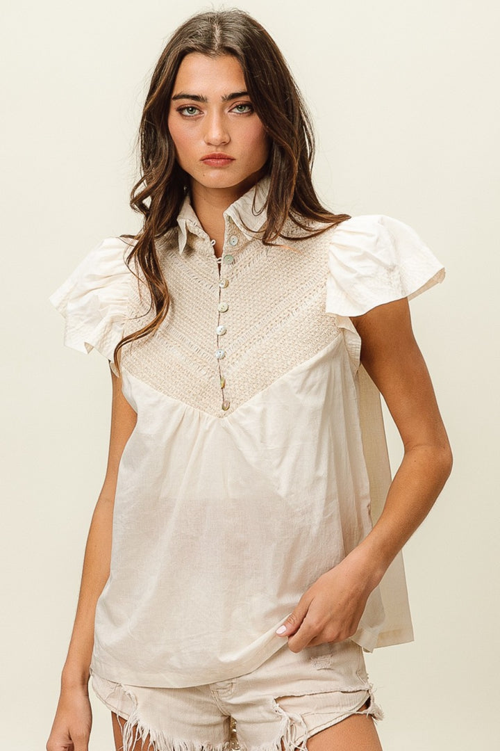 Ivory Half Button Collared Neck Short Sleeve Top