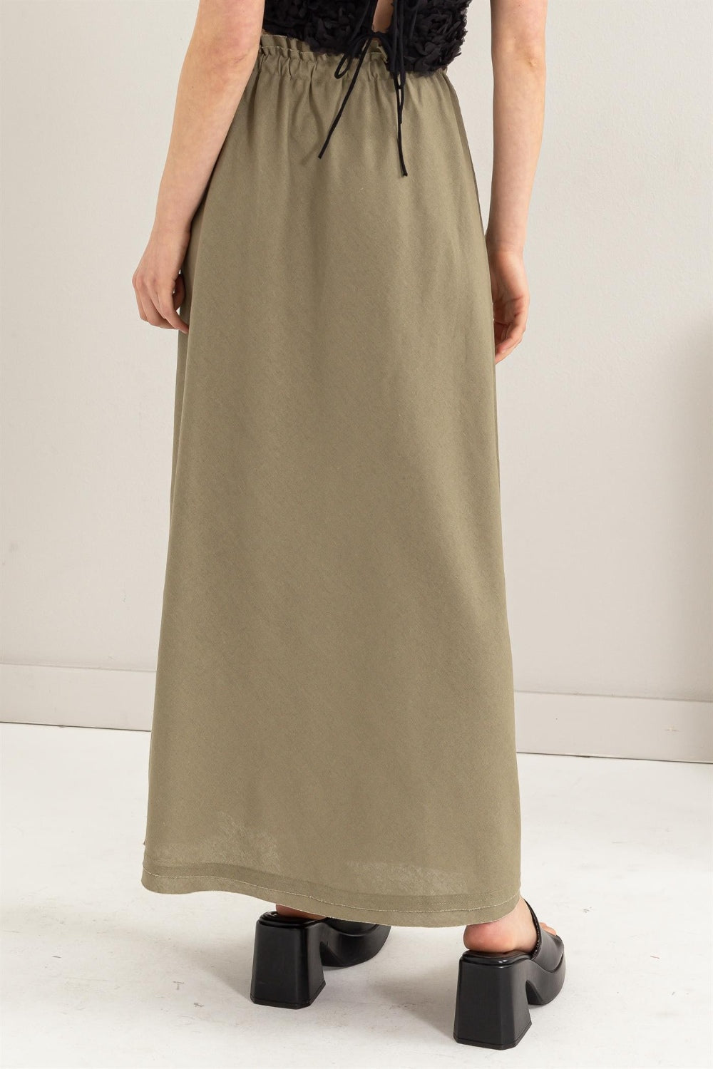 Drawstring Washed Linen Maxi Skirt Olive
