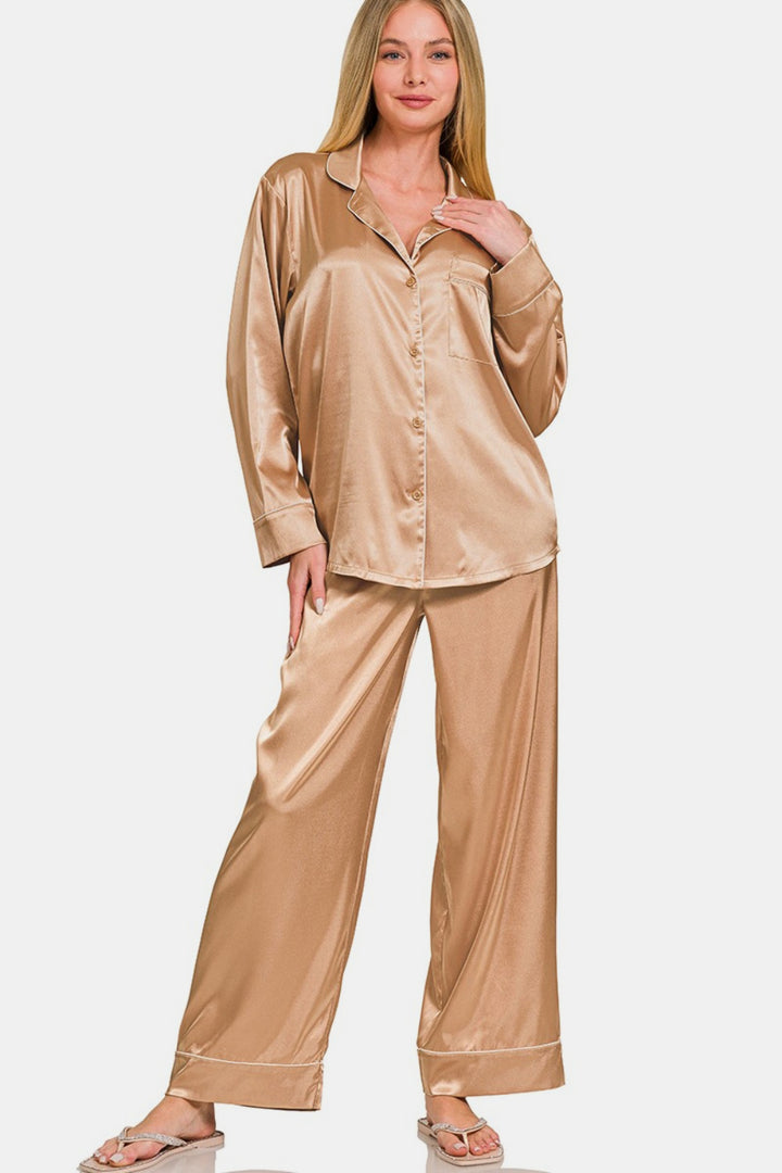 Brush Satin Long Sleeve Shirt and Pants Pajama Set