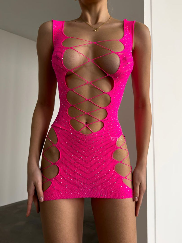 Excess Fishnet Dress Pink