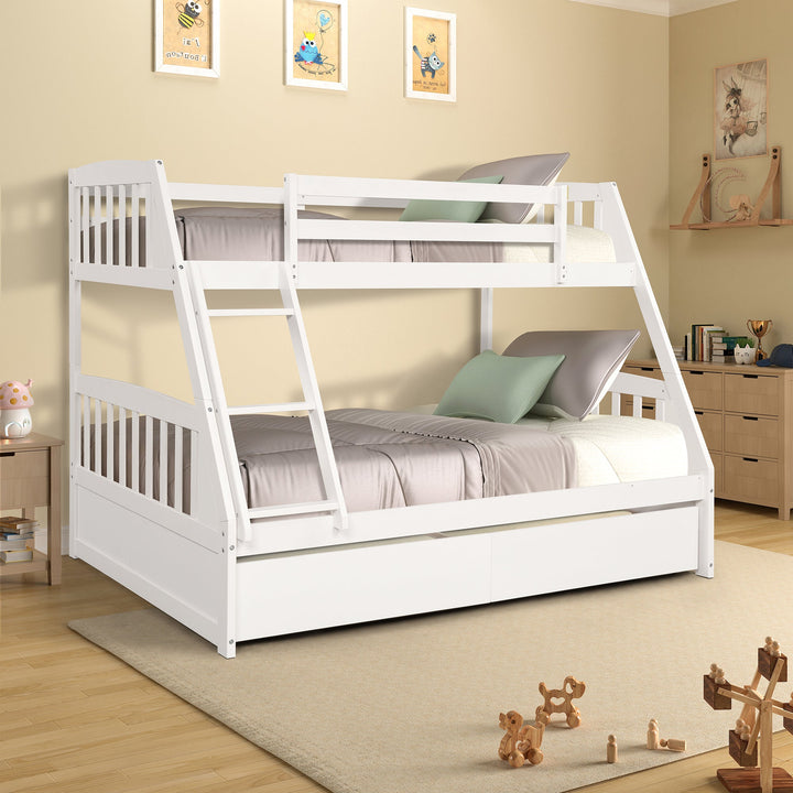 Solid Wood Twin Over Full Bunk Bed with 2 Storage Drawers White