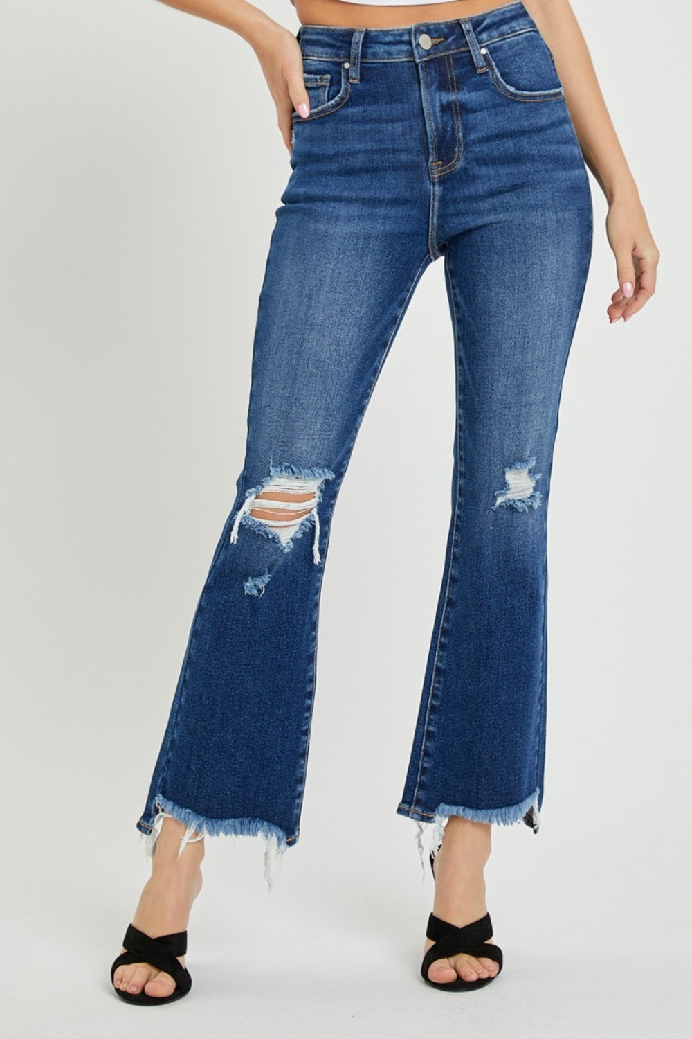 Risen High Rise Distressed Crop Flare Jeans