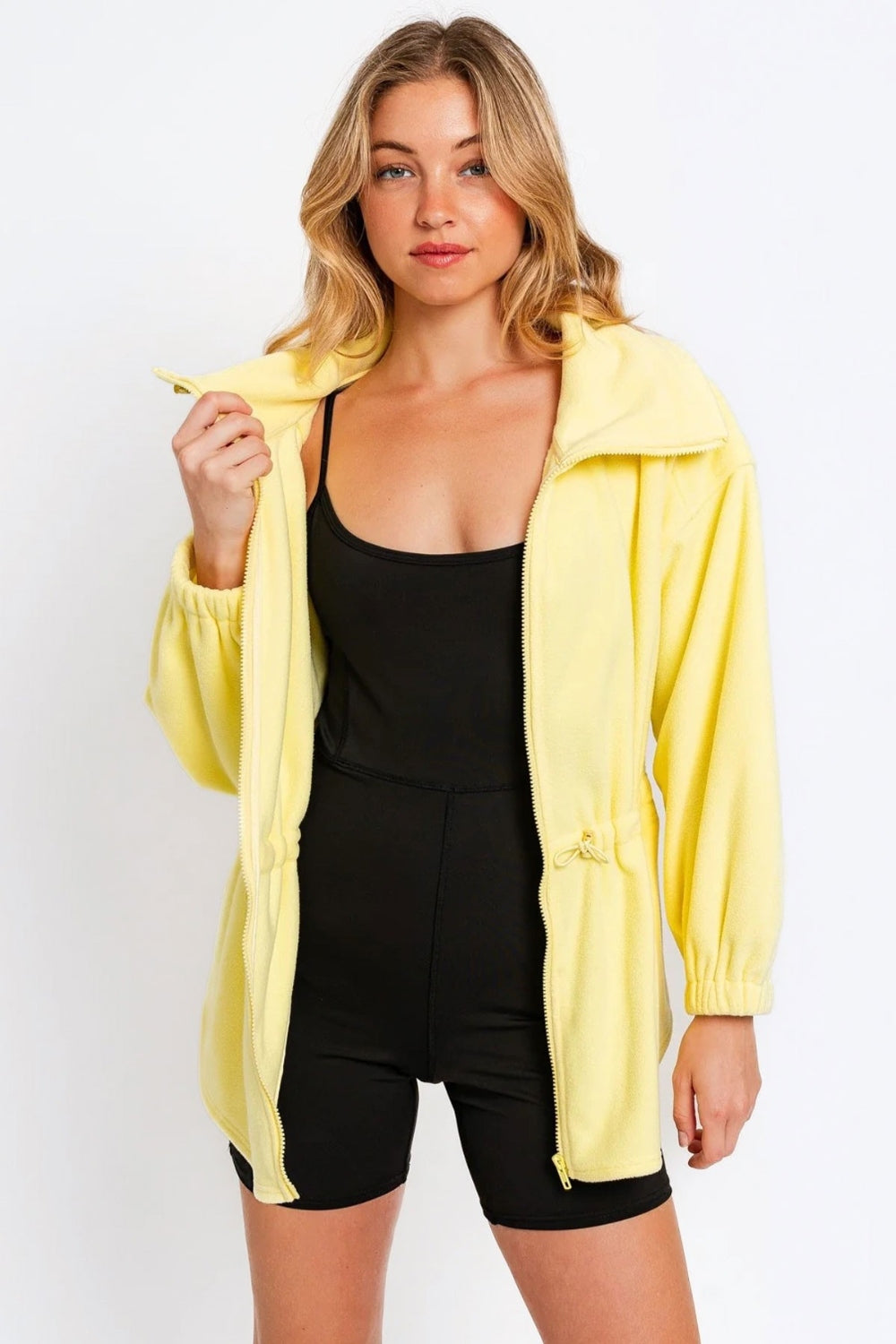 Citron Yellow Zip Up Waist Drawstring Soft Fleece Jacket
