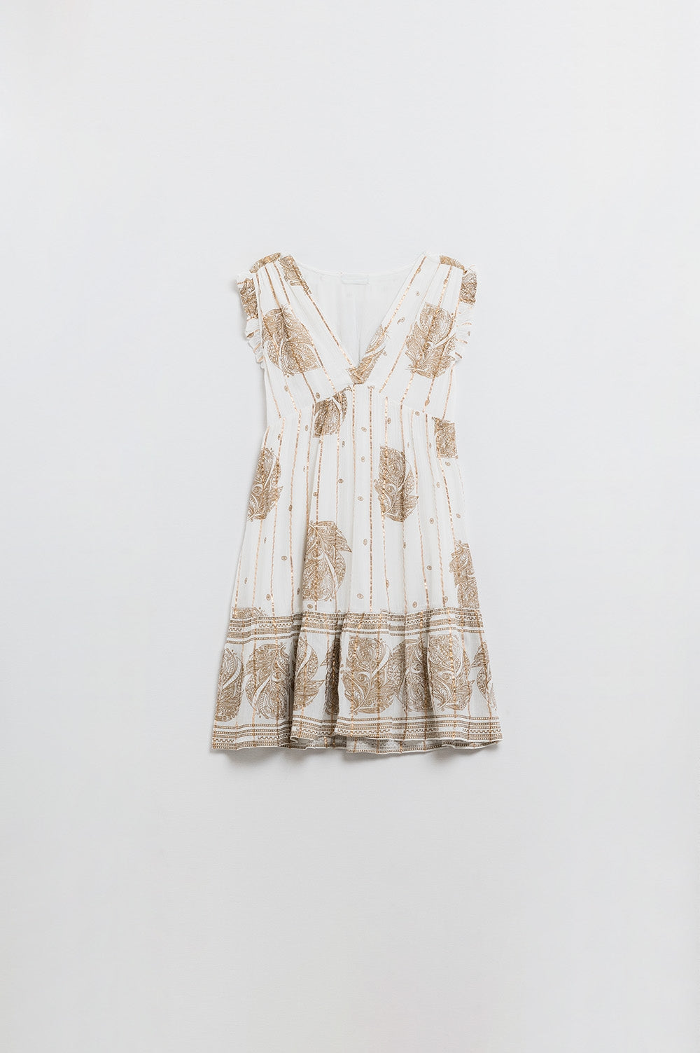 Short Babydoll Dress with Leaf Print and Lurex Thread in  White