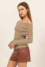 Taupe Fuzzy Off Shoulder Textured Knit Top