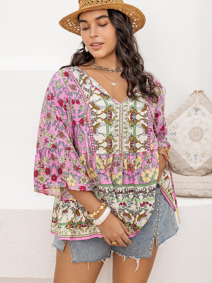 Ruched Printed Tie Neck 3/4 Sleeve Blouse