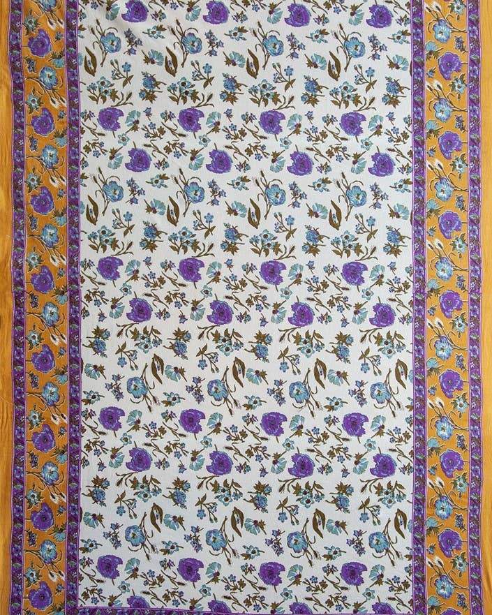Boho Floral Hand Block Printed Wall Hanging Picnic Tapestry Gold & Blue