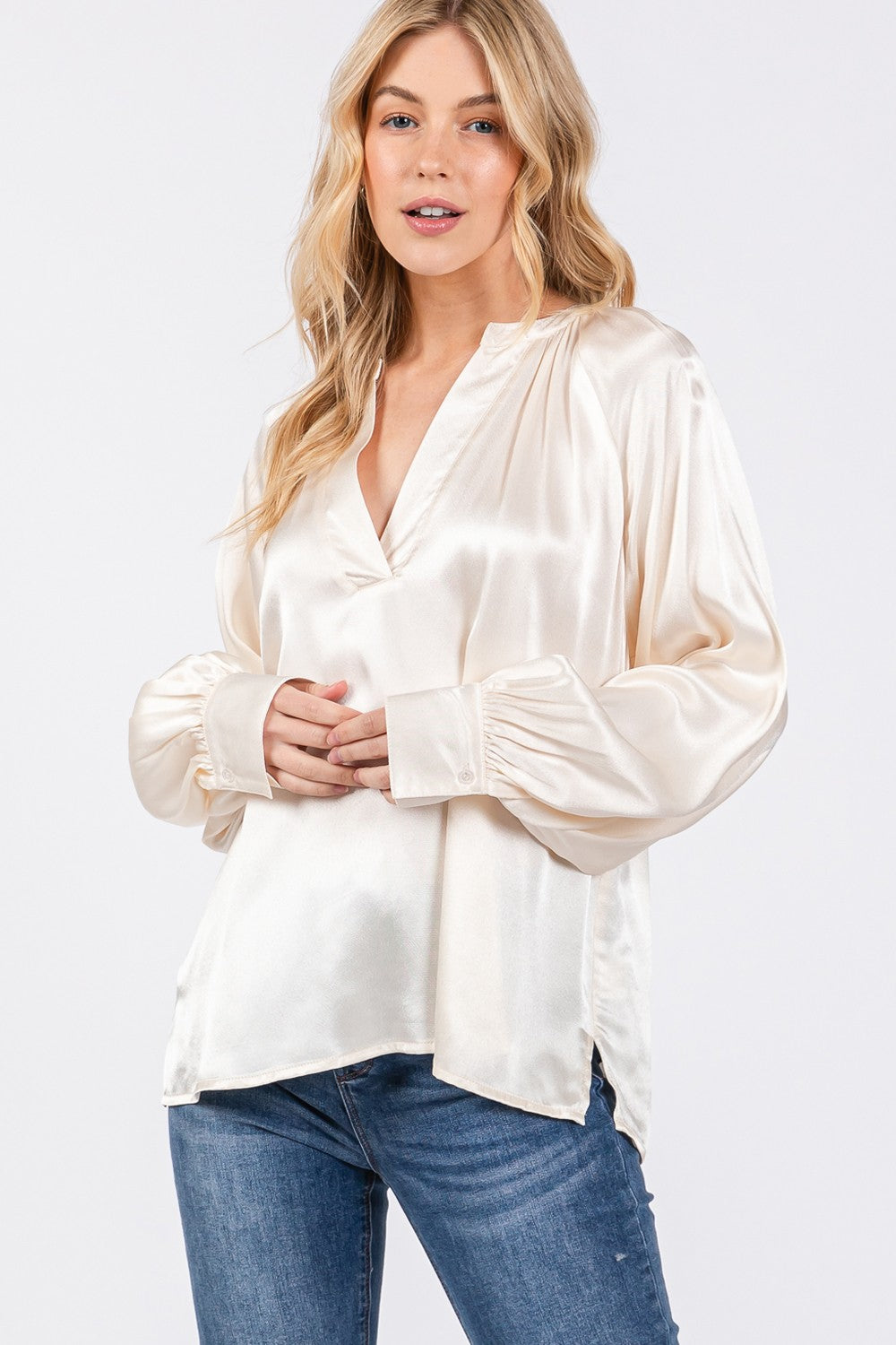 Ivory Notched Long Sleeve Blouse